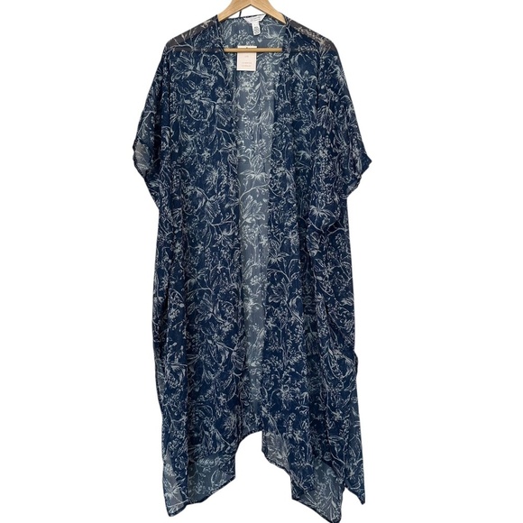 LC Lauren Conrad NEW Sheer Ruana Duster Extra Long ONE SIZE Blue Floral Casual - Picture 1 of 11
